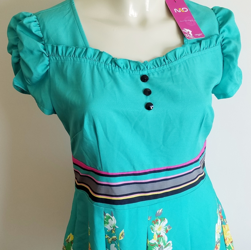 Aqua floral & ruffles spring/summer retro dress 👗 - Picture 3 of 8